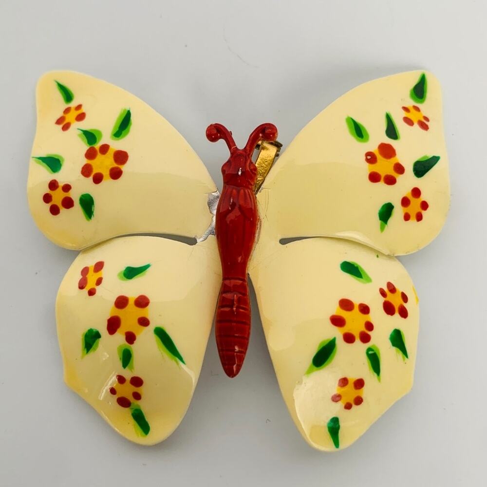 Vintage Painted Brass Butterfly Brooch